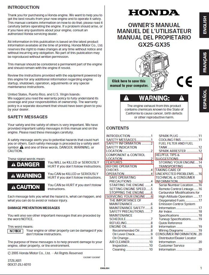 PCW3000 - HONDA ENGINE GX35 OWNER'S MANUAL (other languages