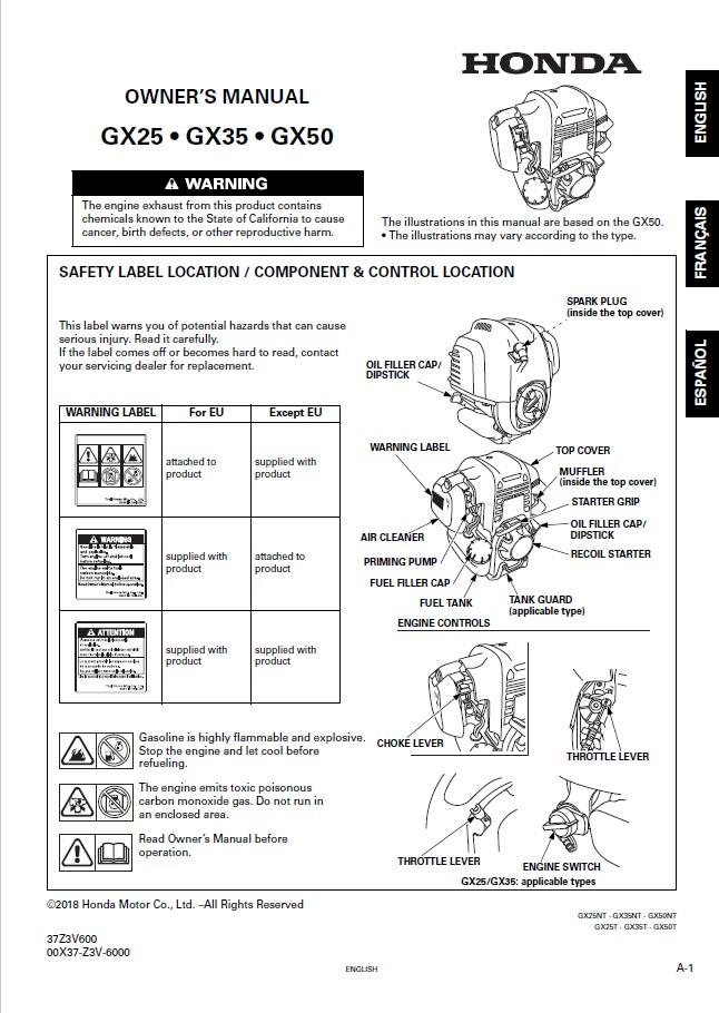 PCW3000 AND PCW4000 - HONDA ENGINE GX35 AND GX50 OWNER'S MANUAL