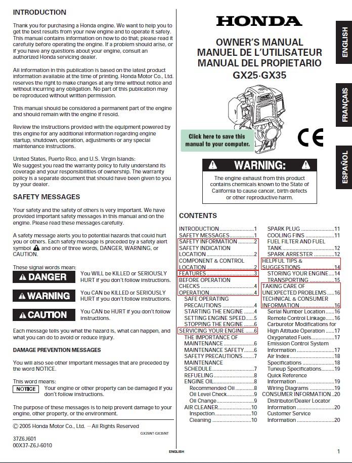 PCW3000 - HONDA ENGINE GX35 OWNER'S MANUAL (other languages)