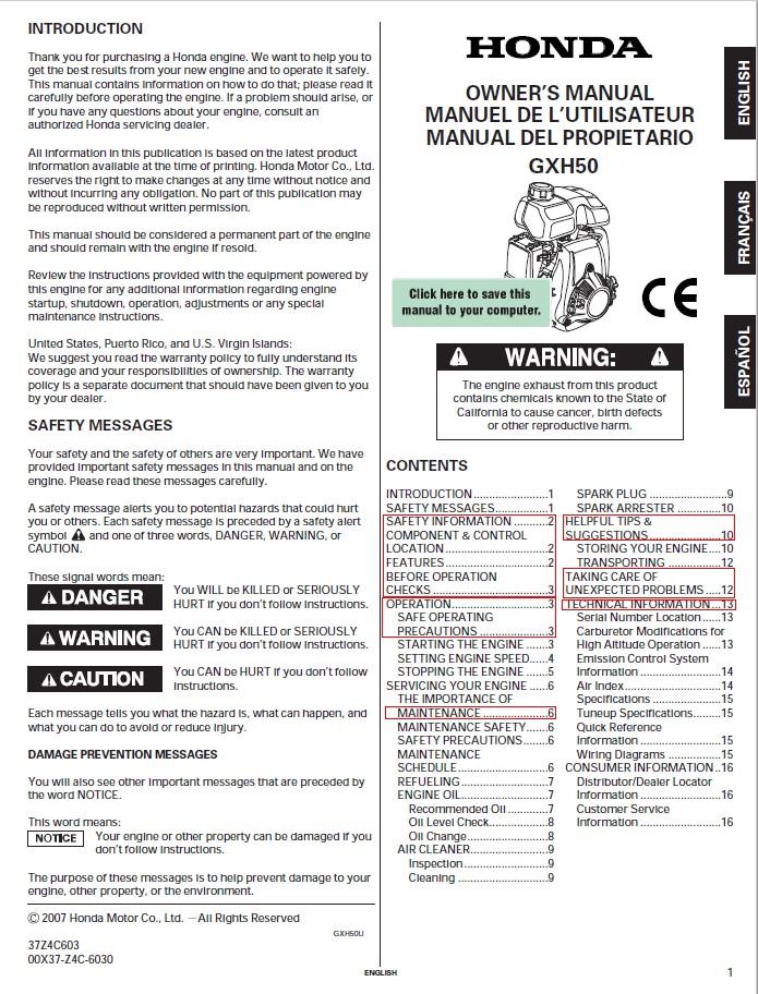 PCW5000(HS), & PCH1000 - HONDA ENGINE GXH50 MANUAL