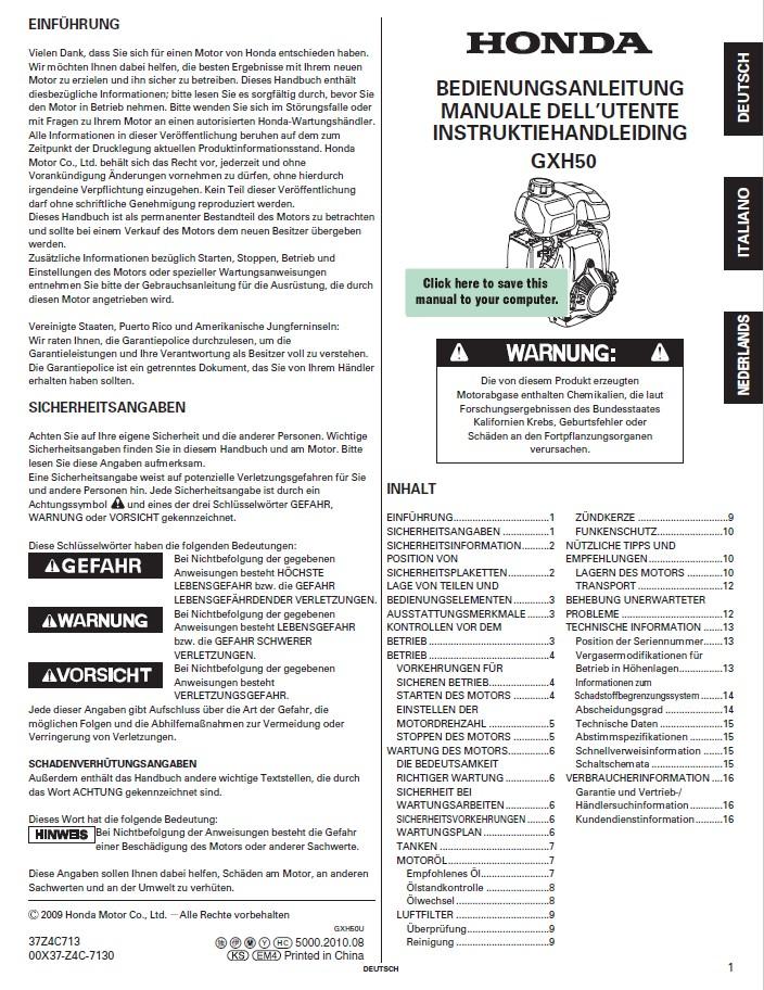 PCW5000(HS), & PCH1000 - HONDA GXH50 MANUAL (other languages)